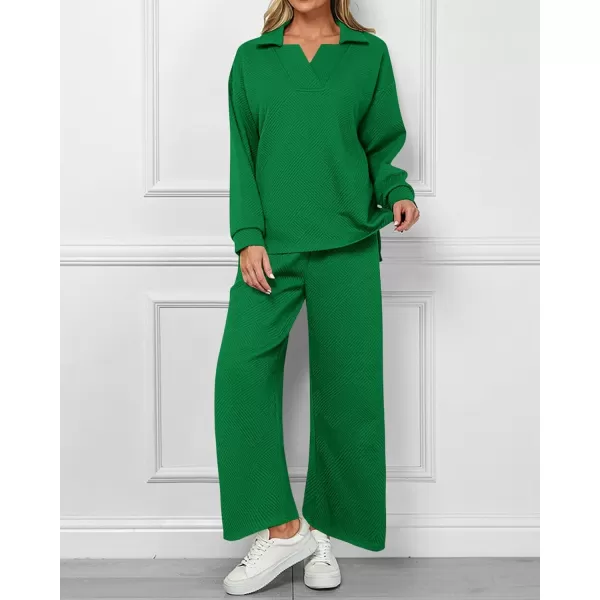 BTFBM Women 2 Piece Outfit 2024 Fall Winter Lapel V Neck Long Sleeve Pullover and Wide Leg Pants Lounge Sets PocketsSolid Green