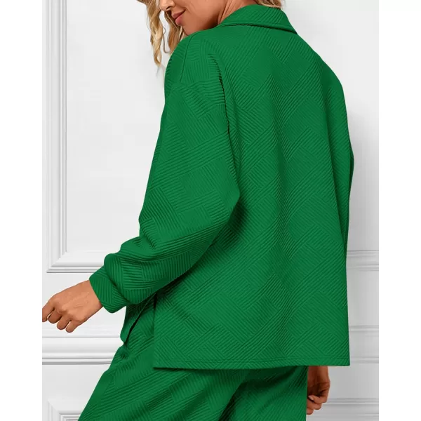 BTFBM Women 2 Piece Outfit 2024 Fall Winter Lapel V Neck Long Sleeve Pullover and Wide Leg Pants Lounge Sets PocketsSolid Green