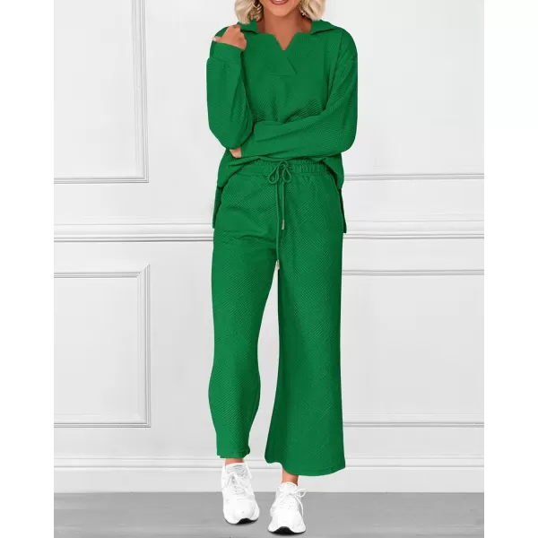 BTFBM Women 2 Piece Outfit 2024 Fall Winter Lapel V Neck Long Sleeve Pullover and Wide Leg Pants Lounge Sets PocketsSolid Green