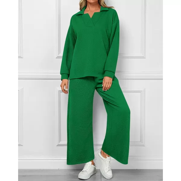 BTFBM Women 2 Piece Outfit 2024 Fall Winter Lapel V Neck Long Sleeve Pullover and Wide Leg Pants Lounge Sets PocketsSolid Green