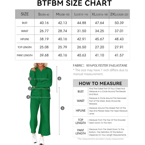 BTFBM Women 2 Piece Outfit 2024 Fall Winter Lapel V Neck Long Sleeve Pullover and Wide Leg Pants Lounge Sets PocketsSolid Green