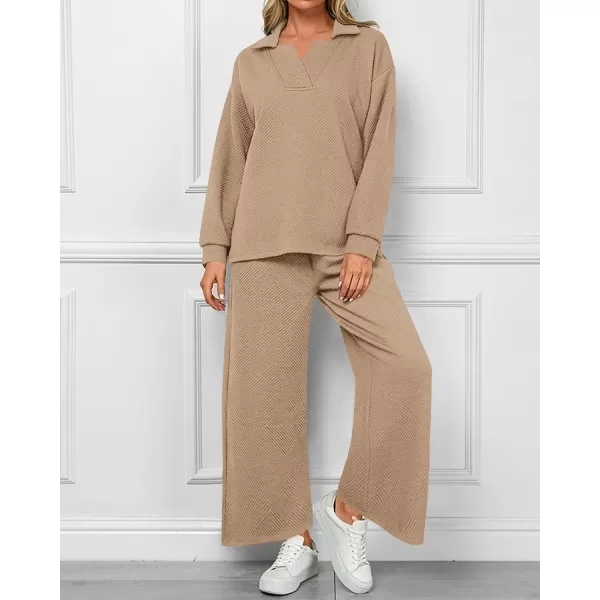 BTFBM Women 2 Piece Outfit 2024 Fall Winter Lapel V Neck Long Sleeve Pullover and Wide Leg Pants Lounge Sets PocketsSolid Khaki