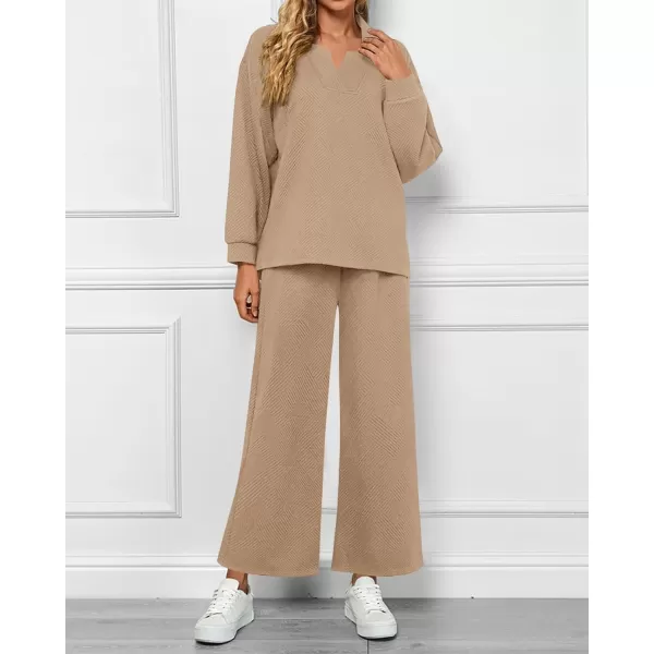 BTFBM Women 2 Piece Outfit 2024 Fall Winter Lapel V Neck Long Sleeve Pullover and Wide Leg Pants Lounge Sets PocketsSolid Khaki