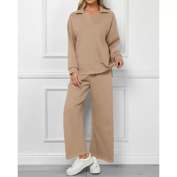 BTFBM Women 2 Piece Outfit 2024 Fall Winter Lapel V Neck Long Sleeve Pullover and Wide Leg Pants Lounge Sets PocketsSolid Khaki