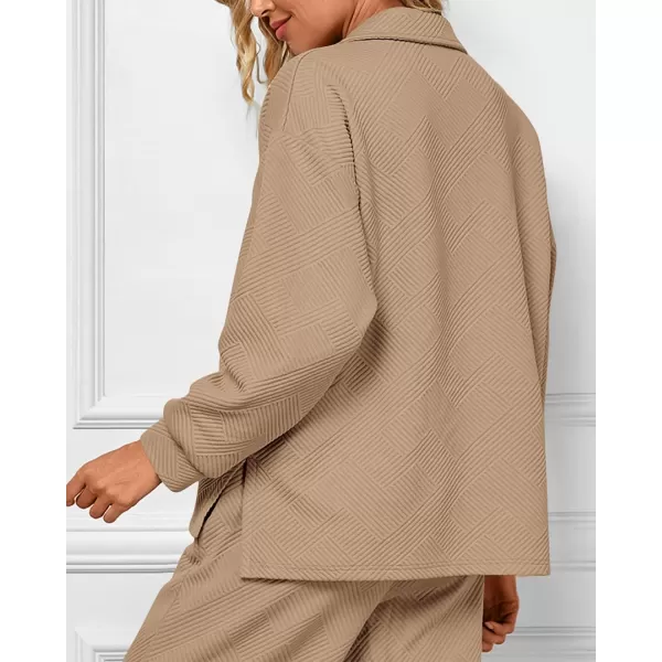 BTFBM Women 2 Piece Outfit 2024 Fall Winter Lapel V Neck Long Sleeve Pullover and Wide Leg Pants Lounge Sets PocketsSolid Khaki