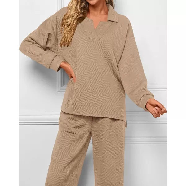 BTFBM Women 2 Piece Outfit 2024 Fall Winter Lapel V Neck Long Sleeve Pullover and Wide Leg Pants Lounge Sets PocketsSolid Khaki