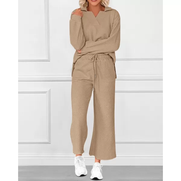 BTFBM Women 2 Piece Outfit 2024 Fall Winter Lapel V Neck Long Sleeve Pullover and Wide Leg Pants Lounge Sets PocketsSolid Khaki