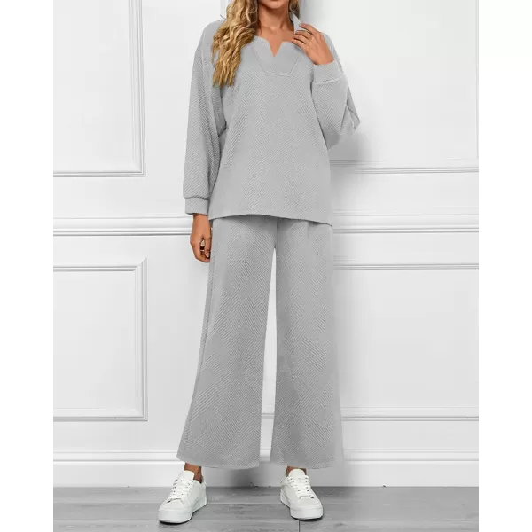 BTFBM Women 2 Piece Outfit 2024 Fall Winter Lapel V Neck Long Sleeve Pullover and Wide Leg Pants Lounge Sets PocketsSolid Light Grey