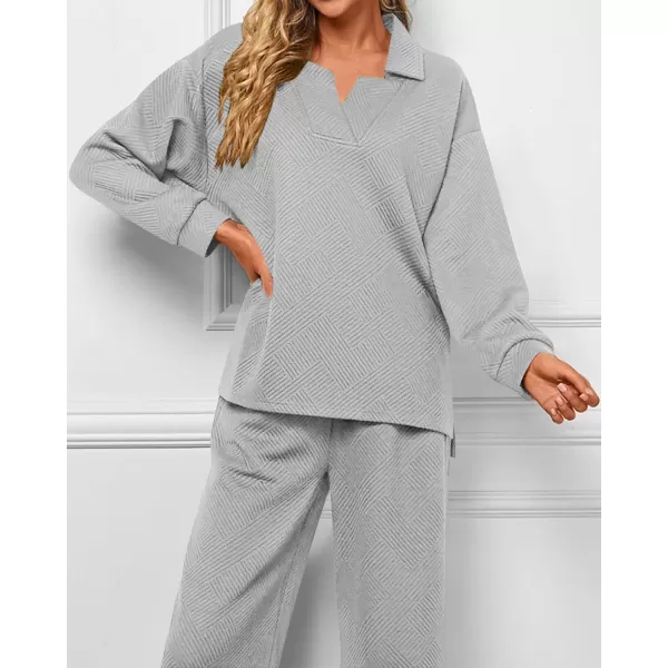 BTFBM Women 2 Piece Outfit 2024 Fall Winter Lapel V Neck Long Sleeve Pullover and Wide Leg Pants Lounge Sets PocketsSolid Light Grey