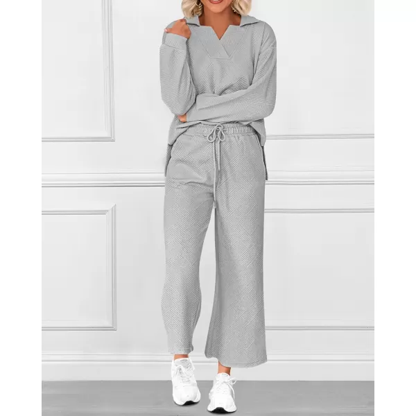 BTFBM Women 2 Piece Outfit 2024 Fall Winter Lapel V Neck Long Sleeve Pullover and Wide Leg Pants Lounge Sets PocketsSolid Light Grey