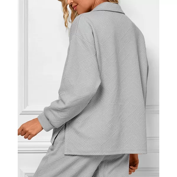 BTFBM Women 2 Piece Outfit 2024 Fall Winter Lapel V Neck Long Sleeve Pullover and Wide Leg Pants Lounge Sets PocketsSolid Light Grey