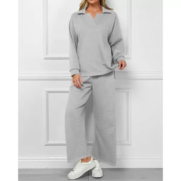 BTFBM Women 2 Piece Outfit 2024 Fall Winter Lapel V Neck Long Sleeve Pullover and Wide Leg Pants Lounge Sets PocketsSolid Light Grey