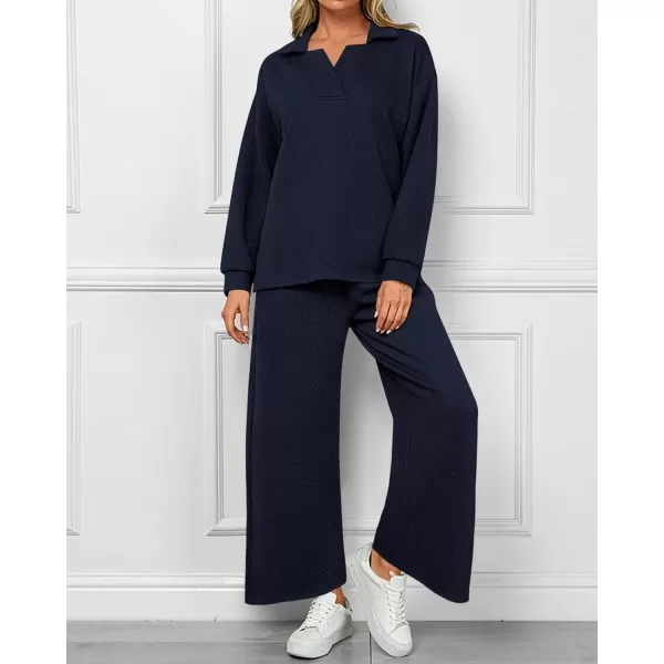 BTFBM Women 2 Piece Outfit 2024 Fall Winter Lapel V Neck Long Sleeve Pullover and Wide Leg Pants Lounge Sets PocketsSolid Navy