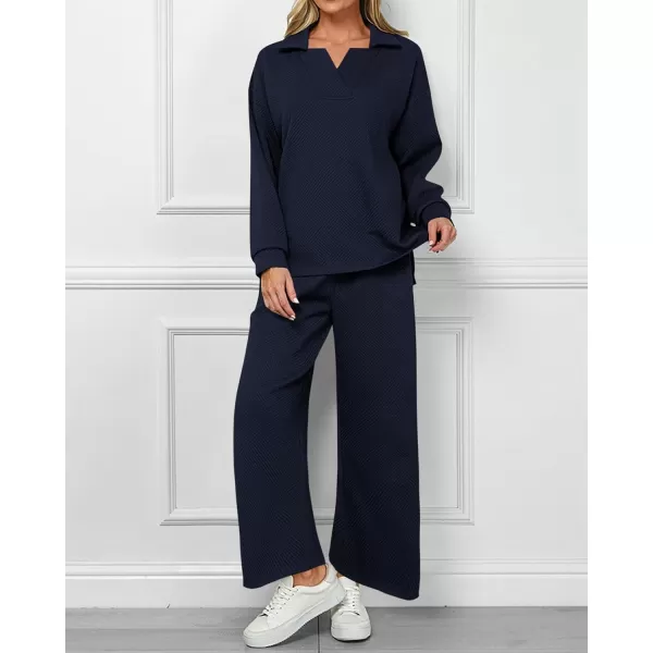 BTFBM Women 2 Piece Outfit 2024 Fall Winter Lapel V Neck Long Sleeve Pullover and Wide Leg Pants Lounge Sets PocketsSolid Navy