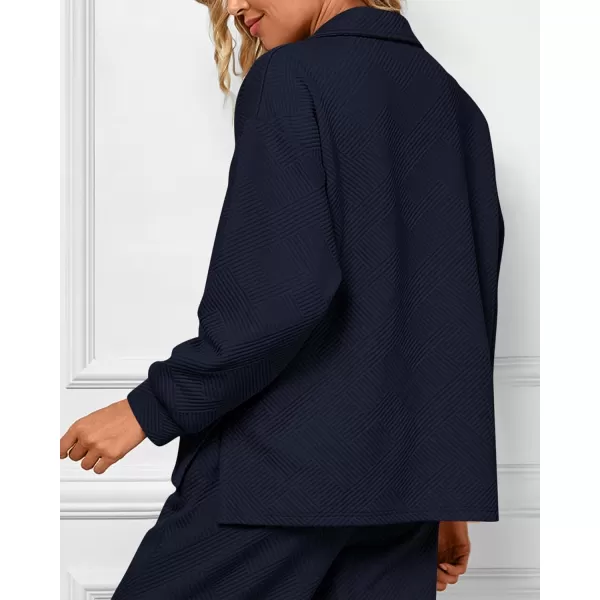 BTFBM Women 2 Piece Outfit 2024 Fall Winter Lapel V Neck Long Sleeve Pullover and Wide Leg Pants Lounge Sets PocketsSolid Navy