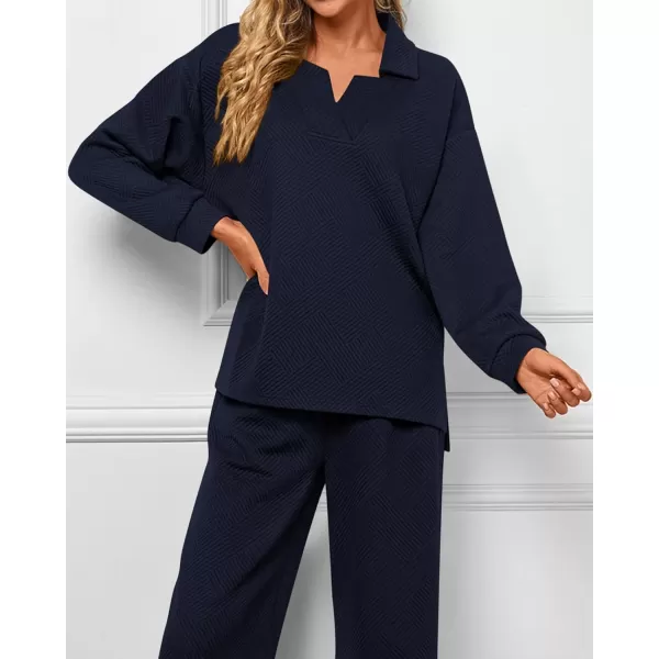 BTFBM Women 2 Piece Outfit 2024 Fall Winter Lapel V Neck Long Sleeve Pullover and Wide Leg Pants Lounge Sets PocketsSolid Navy