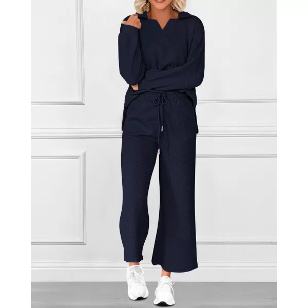 BTFBM Women 2 Piece Outfit 2024 Fall Winter Lapel V Neck Long Sleeve Pullover and Wide Leg Pants Lounge Sets PocketsSolid Navy