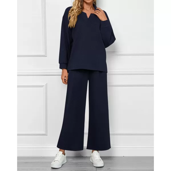 BTFBM Women 2 Piece Outfit 2024 Fall Winter Lapel V Neck Long Sleeve Pullover and Wide Leg Pants Lounge Sets PocketsSolid Navy