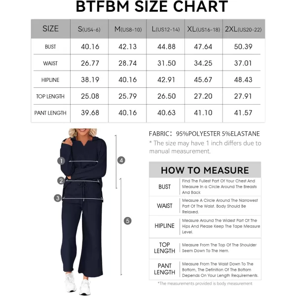 BTFBM Women 2 Piece Outfit 2024 Fall Winter Lapel V Neck Long Sleeve Pullover and Wide Leg Pants Lounge Sets PocketsSolid Navy