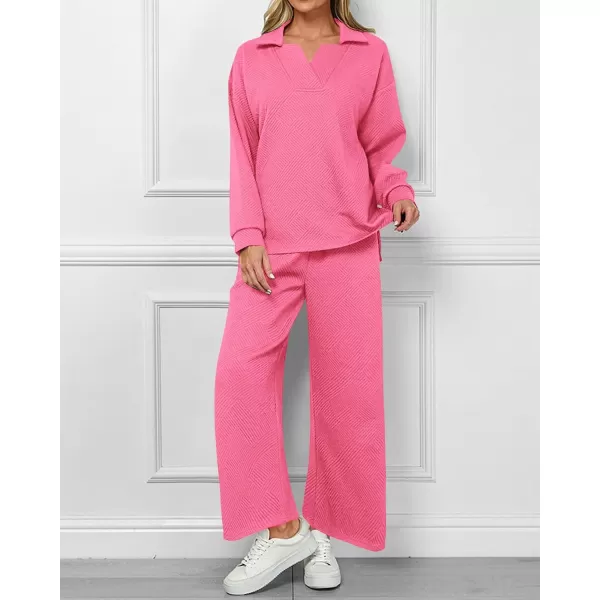 BTFBM Women 2 Piece Outfit 2024 Fall Winter Lapel V Neck Long Sleeve Pullover and Wide Leg Pants Lounge Sets PocketsSolid Pink