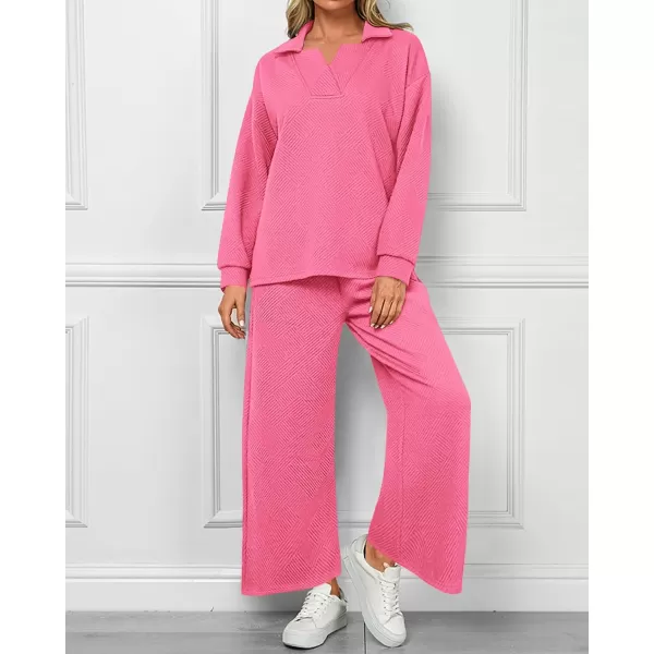 BTFBM Women 2 Piece Outfit 2024 Fall Winter Lapel V Neck Long Sleeve Pullover and Wide Leg Pants Lounge Sets PocketsSolid Pink