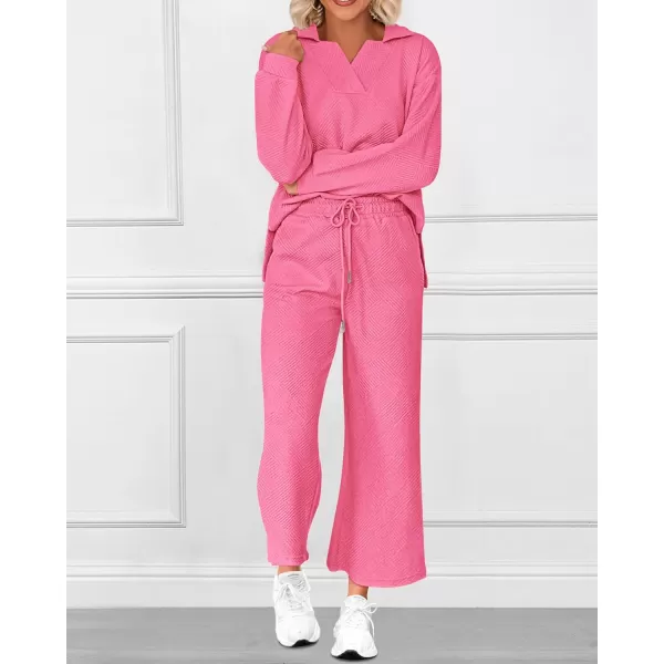BTFBM Women 2 Piece Outfit 2024 Fall Winter Lapel V Neck Long Sleeve Pullover and Wide Leg Pants Lounge Sets PocketsSolid Pink