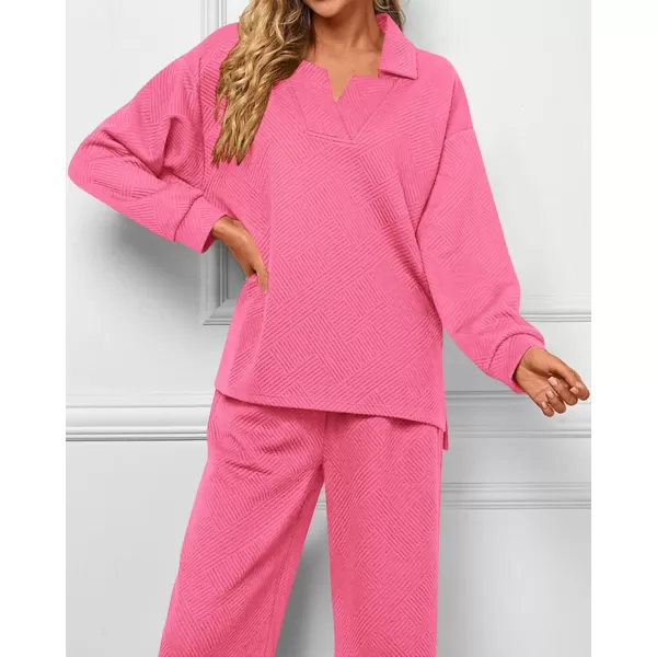 BTFBM Women 2 Piece Outfit 2024 Fall Winter Lapel V Neck Long Sleeve Pullover and Wide Leg Pants Lounge Sets PocketsSolid Pink