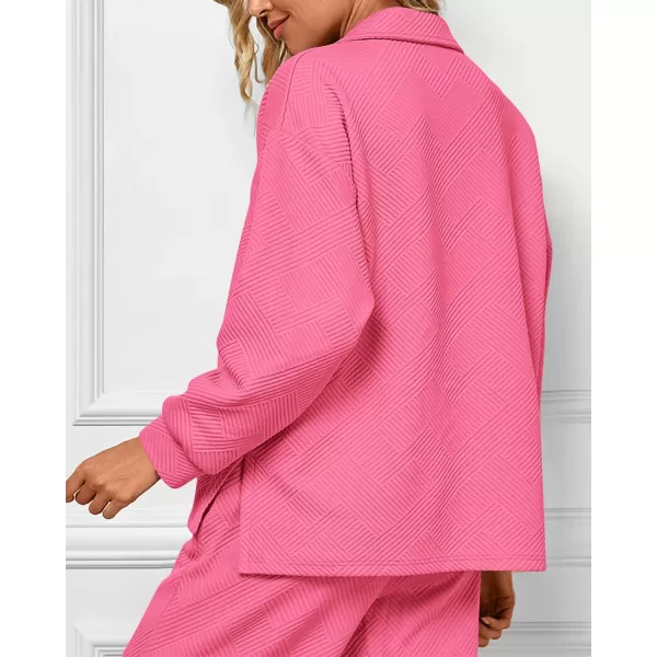 BTFBM Women 2 Piece Outfit 2024 Fall Winter Lapel V Neck Long Sleeve Pullover and Wide Leg Pants Lounge Sets PocketsSolid Pink