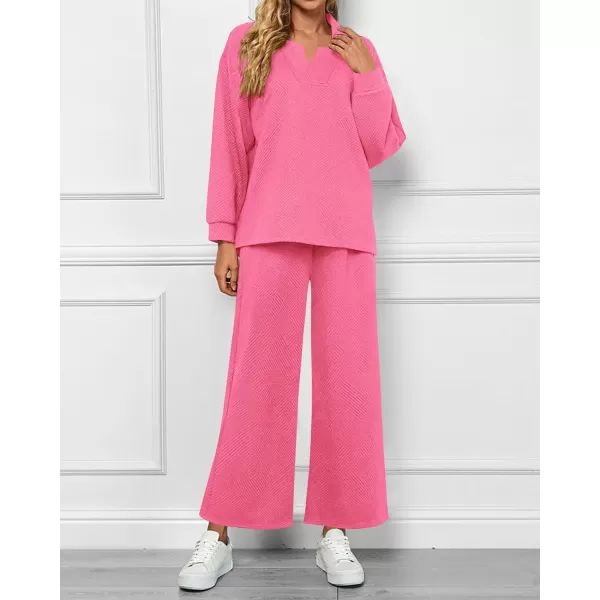 BTFBM Women 2 Piece Outfit 2024 Fall Winter Lapel V Neck Long Sleeve Pullover and Wide Leg Pants Lounge Sets PocketsSolid Pink