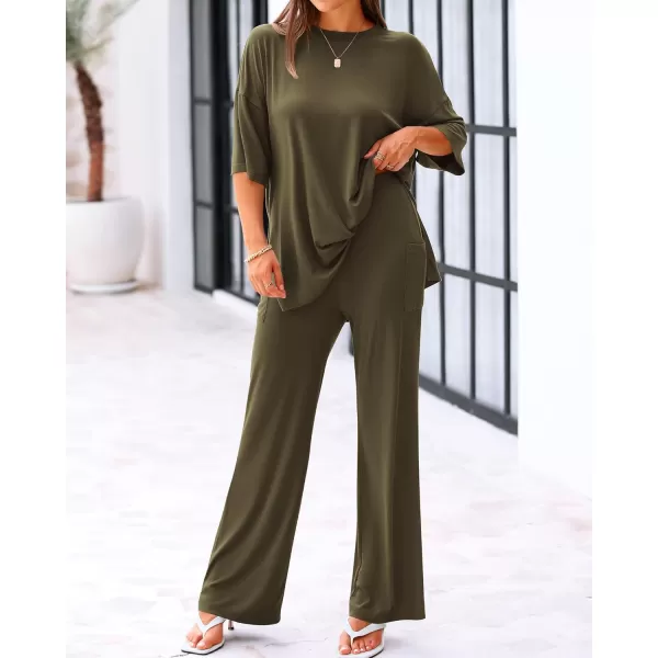 BTFBM Women 2 Piece Outfits Casual Loose Slit Short Sleeve Top Wide Leg Pants Matching Lounge Sets Tracksuit With PocketSolid Army Green