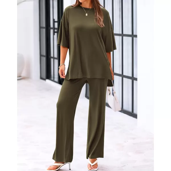 BTFBM Women 2 Piece Outfits Casual Loose Slit Short Sleeve Top Wide Leg Pants Matching Lounge Sets Tracksuit With PocketSolid Army Green