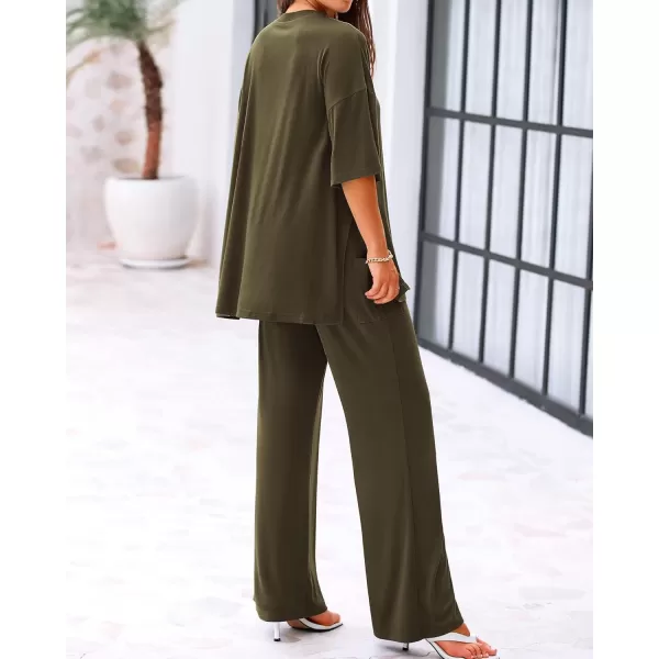 BTFBM Women 2 Piece Outfits Casual Loose Slit Short Sleeve Top Wide Leg Pants Matching Lounge Sets Tracksuit With PocketSolid Army Green