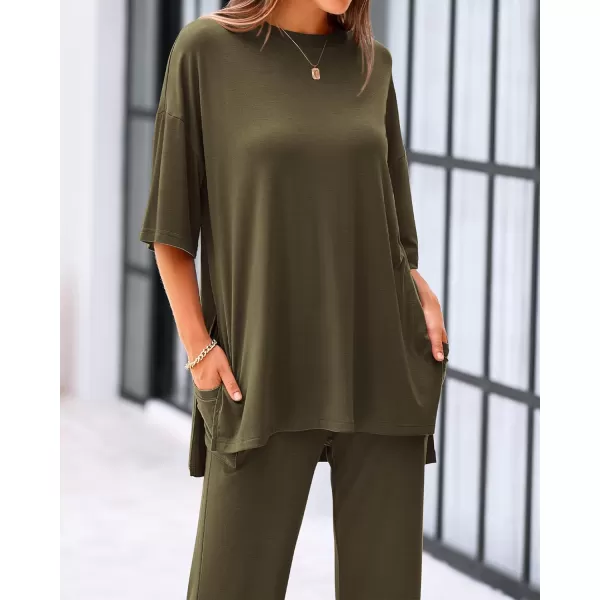 BTFBM Women 2 Piece Outfits Casual Loose Slit Short Sleeve Top Wide Leg Pants Matching Lounge Sets Tracksuit With PocketSolid Army Green