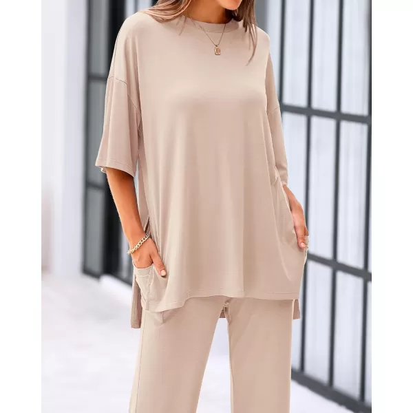 BTFBM Women 2 Piece Outfits Casual Loose Slit Short Sleeve Top Wide Leg Pants Matching Lounge Sets Tracksuit With PocketSolid Beige