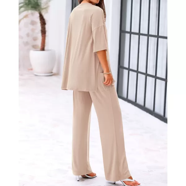 BTFBM Women 2 Piece Outfits Casual Loose Slit Short Sleeve Top Wide Leg Pants Matching Lounge Sets Tracksuit With PocketSolid Beige