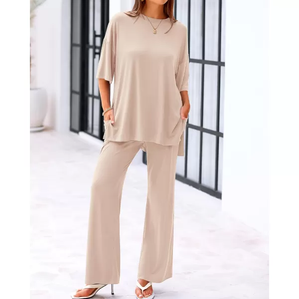 BTFBM Women 2 Piece Outfits Casual Loose Slit Short Sleeve Top Wide Leg Pants Matching Lounge Sets Tracksuit With PocketSolid Beige