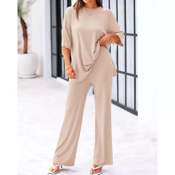 BTFBM Women 2 Piece Outfits Casual Loose Slit Short Sleeve Top Wide Leg Pants Matching Lounge Sets Tracksuit With PocketSolid Beige