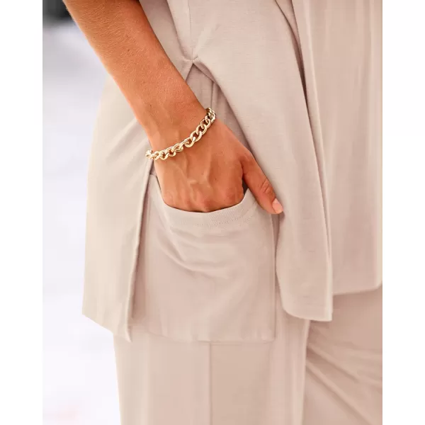 BTFBM Women 2 Piece Outfits Casual Loose Slit Short Sleeve Top Wide Leg Pants Matching Lounge Sets Tracksuit With PocketSolid Beige