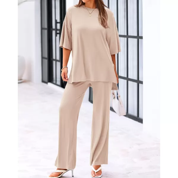 BTFBM Women 2 Piece Outfits Casual Loose Slit Short Sleeve Top Wide Leg Pants Matching Lounge Sets Tracksuit With PocketSolid Beige