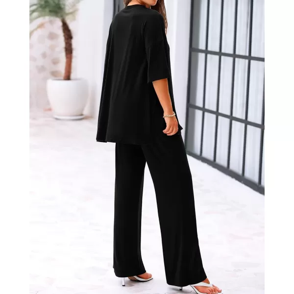 BTFBM Women 2 Piece Outfits Casual Loose Slit Short Sleeve Top Wide Leg Pants Matching Lounge Sets Tracksuit With PocketSolid Black