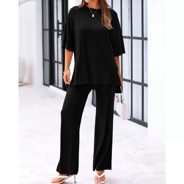 BTFBM Women 2 Piece Outfits Casual Loose Slit Short Sleeve Top Wide Leg Pants Matching Lounge Sets Tracksuit With PocketSolid Black