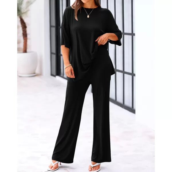 BTFBM Women 2 Piece Outfits Casual Loose Slit Short Sleeve Top Wide Leg Pants Matching Lounge Sets Tracksuit With PocketSolid Black