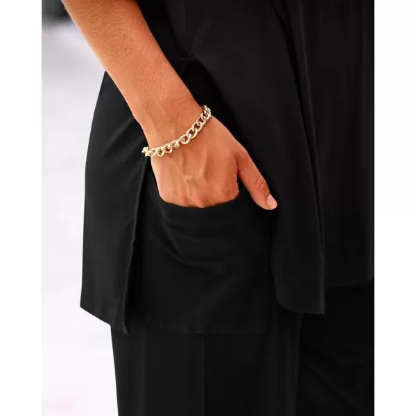 BTFBM Women 2 Piece Outfits Casual Loose Slit Short Sleeve Top Wide Leg Pants Matching Lounge Sets Tracksuit With PocketSolid Black