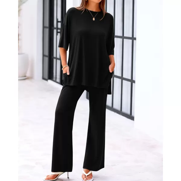 BTFBM Women 2 Piece Outfits Casual Loose Slit Short Sleeve Top Wide Leg Pants Matching Lounge Sets Tracksuit With PocketSolid Black