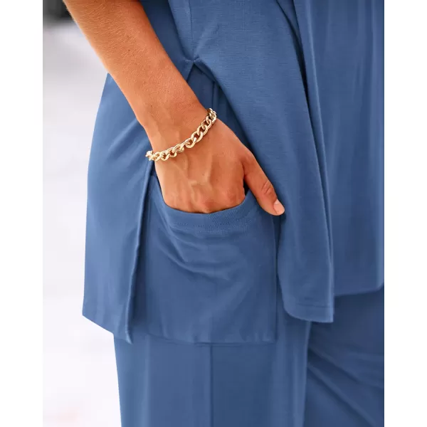 BTFBM Women 2 Piece Outfits Casual Loose Slit Short Sleeve Top Wide Leg Pants Matching Lounge Sets Tracksuit With PocketSolid Blue