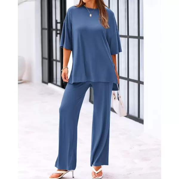 BTFBM Women 2 Piece Outfits Casual Loose Slit Short Sleeve Top Wide Leg Pants Matching Lounge Sets Tracksuit With PocketSolid Blue