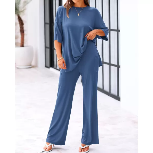BTFBM Women 2 Piece Outfits Casual Loose Slit Short Sleeve Top Wide Leg Pants Matching Lounge Sets Tracksuit With PocketSolid Blue