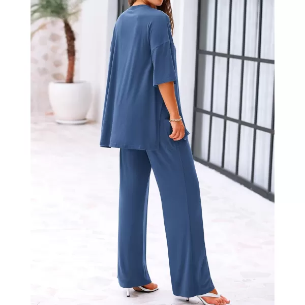 BTFBM Women 2 Piece Outfits Casual Loose Slit Short Sleeve Top Wide Leg Pants Matching Lounge Sets Tracksuit With PocketSolid Blue