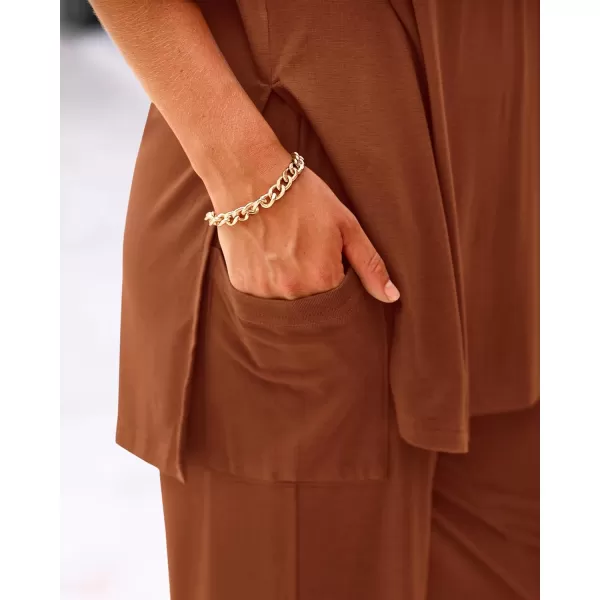 BTFBM Women 2 Piece Outfits Casual Loose Slit Short Sleeve Top Wide Leg Pants Matching Lounge Sets Tracksuit With PocketSolid Brown