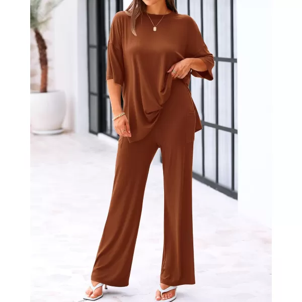 BTFBM Women 2 Piece Outfits Casual Loose Slit Short Sleeve Top Wide Leg Pants Matching Lounge Sets Tracksuit With PocketSolid Brown